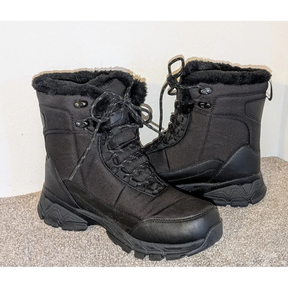 Shulook Mens Waterproof Snow Boots Black Faux Fur Lined Insulated Winter‎  9.5